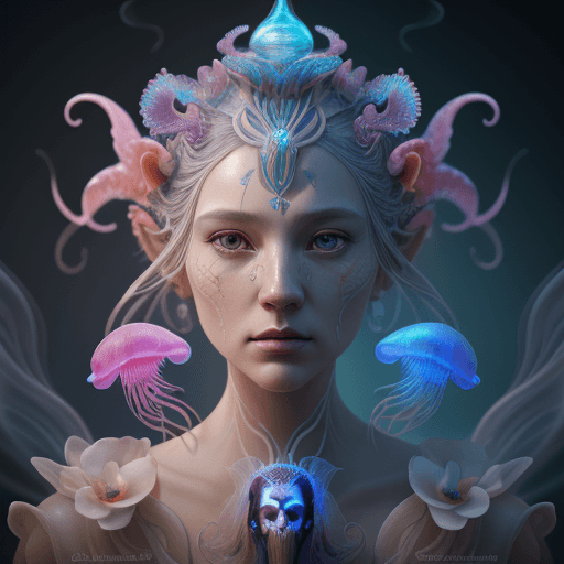 AI generated: Goddess close-up portrait ribcagel. jellyfish phoenix head, nautilus, orchid, skull, betta fish, bio...