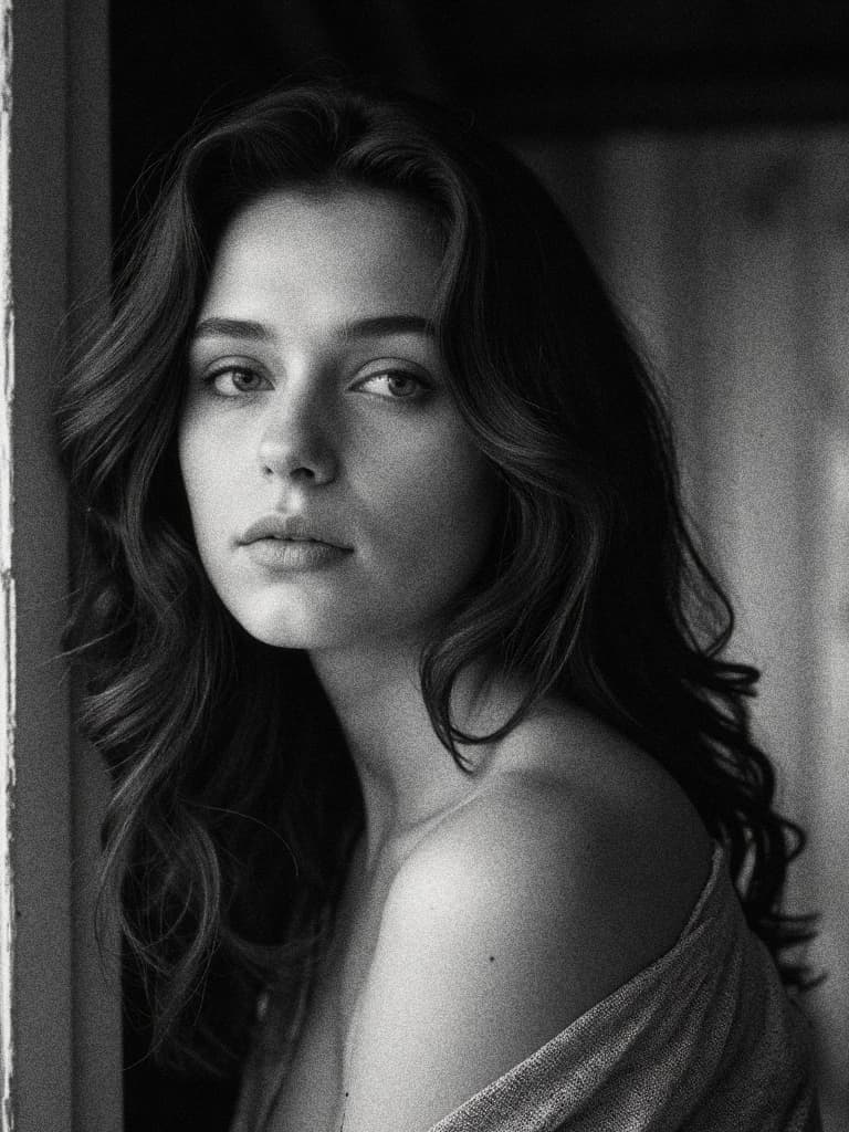 AI generated: A cinematic black-and-white portrait of a young woman with soft, natural lighting. She leans against...