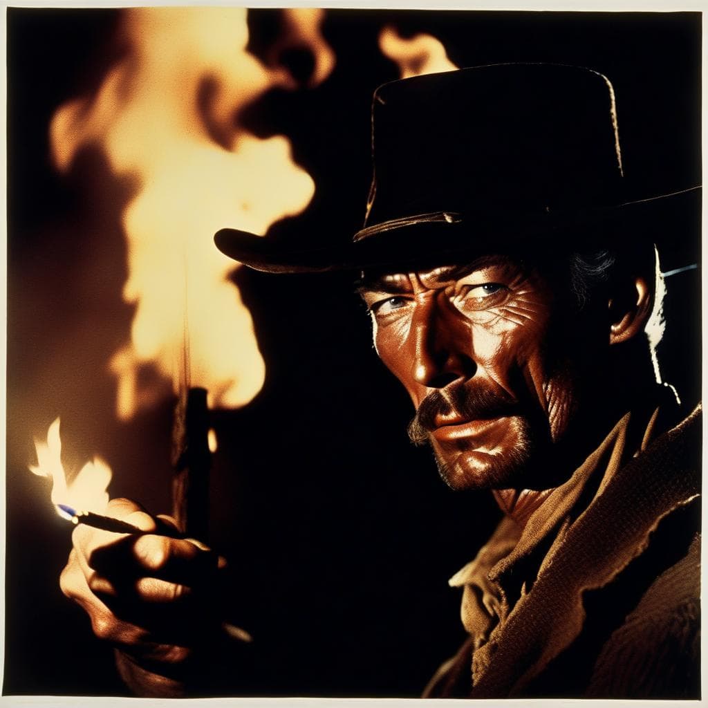 AI generated: Portrait of Lee Van Cleef as a Western movie villain in the dark, his face lit by a burning matchsti...
