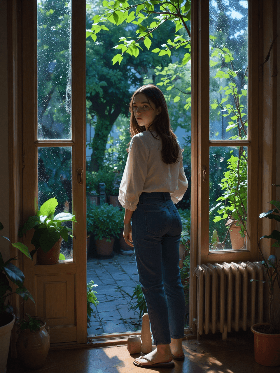 AI generated: A cozy apartment interior under a blue hour glow, featuring a woman with long brown hair and bright ...