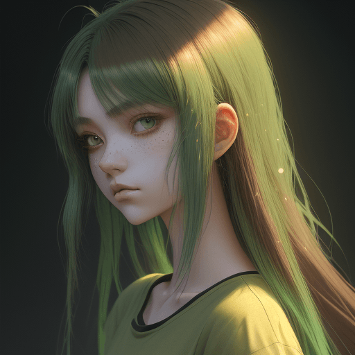 AI generated: girl with green hair highlights in small translucent t-shirt, long brown hair, in the style of hyper...