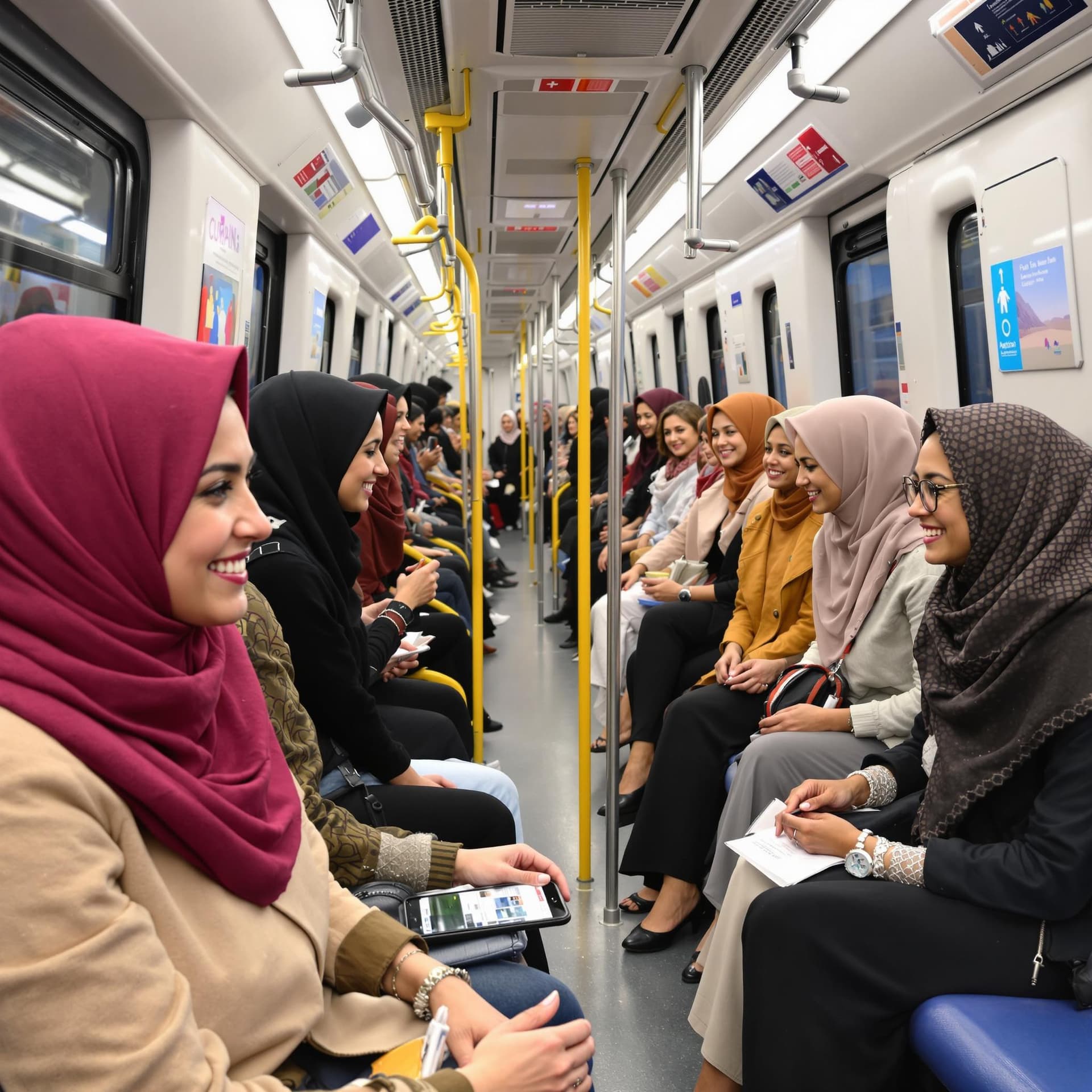 AI generated: 	Eine schöne & Stunning Frau	

	2. Internationale Begegnungen – Frauen in der U-Bahn:
Eine Gruppe vo...
