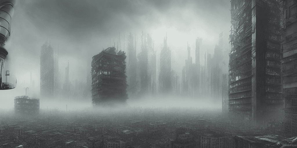AI generated: postapocalyptic city cyperpunk buildings view through a magnifying glass realistic fog