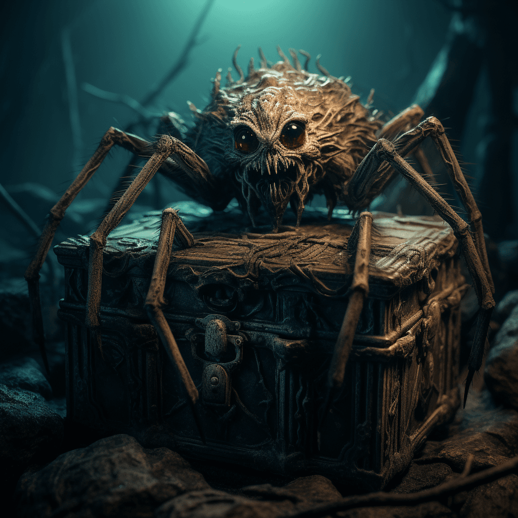 AI generated: haunting creature that looks like a spider, full body, reddish eyes, the background is a cave where ...