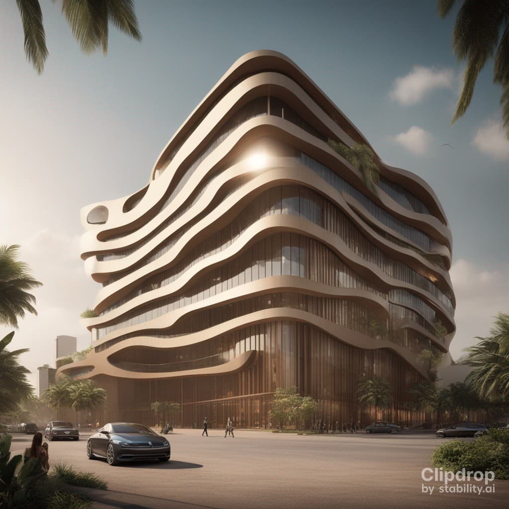 AI generated: Stylish modern building with smooth facade lines with bogolan characters, building project of the ci...
