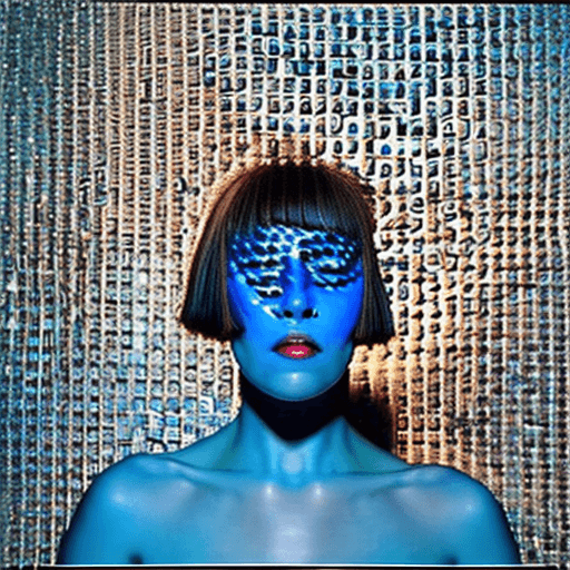 AI generated: Woman, blue messy bob, blue lips, open mouth, closed eyes, blue Fingernails, blue smokey eyes, her n...