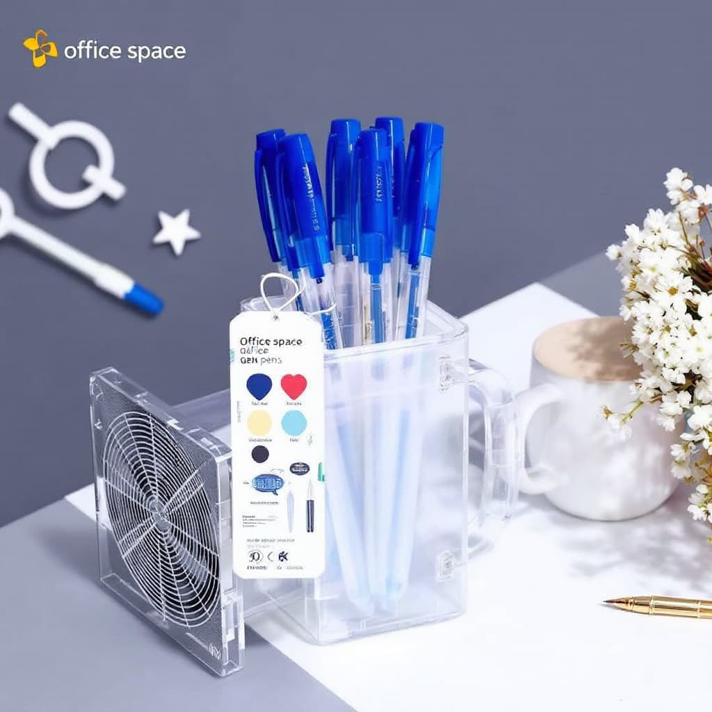 AI generated: draw ONLY blue gel pens 5pcs of office space brand with transparent body