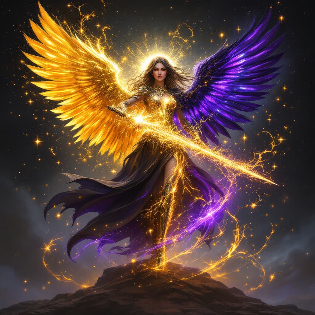AI generated: A celestial warden caught between radiance and ruin, her presence is both divine and defiant. One si...