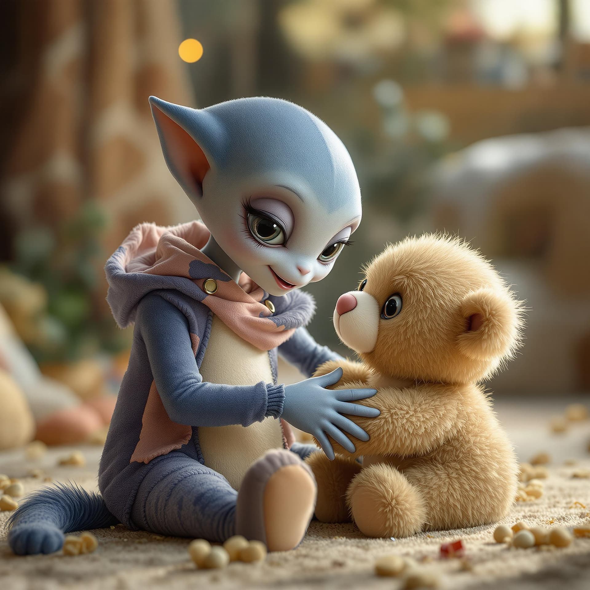 AI generated: a beautiful and cute alien  babie playing with a plush animal,the plush animal is larger than the ba...