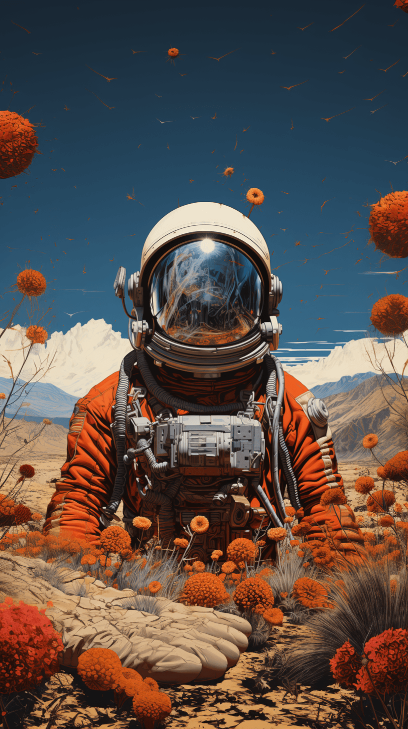 AI generated: fine detailed pointillism painting + low-angle view, A lone astronaut sits in the sand amidst the de...