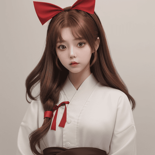 AI generated: amber \(genshin impact\), brown eyes, brown hair, long hair, red hair ribbon