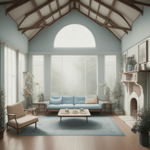 AI generated: High resolution photography interior design, dreamy sunken living room conversation pit, wooden floo...