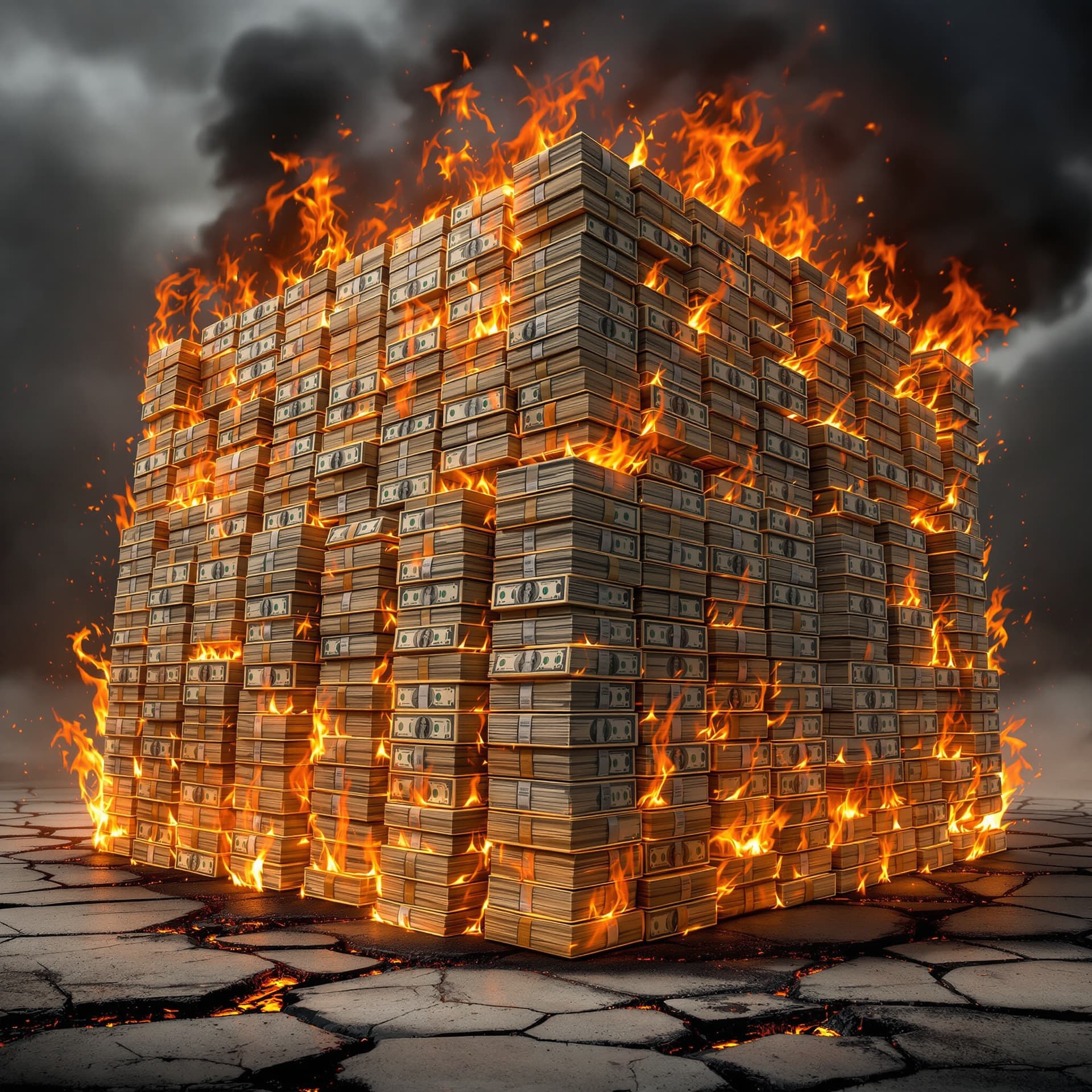 AI generated: a huge stack of money on fire, the money is made up of $100 stacks on top of stacks and it's all on ...