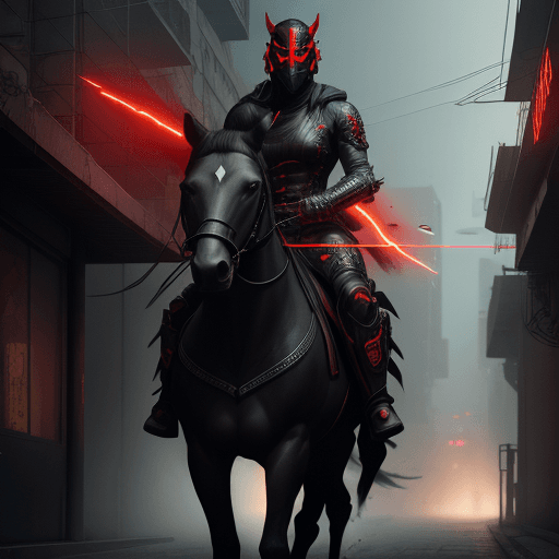 AI generated: angry black male riding a horse, red eyes, mask, street, cyberpunk, intricate artwork . octane rende...