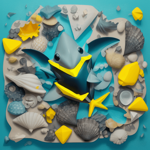 AI generated: the anatomy of a shark made of florescent yellow domino pieces and smashed sea shells, octopath trav...