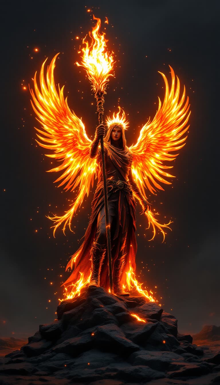 AI generated: A (Unique Masterpiece) 'bonfire' sculpture with 4 arms, the sculpture has two massive phoenixes perc...