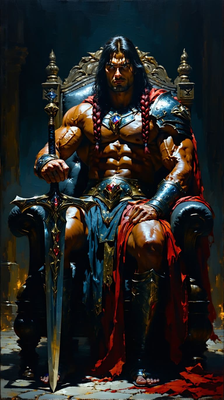 AI generated: An exquisite dark fantasy oil painting depicting the formidable Lord Conan, the emperor of the Waste...