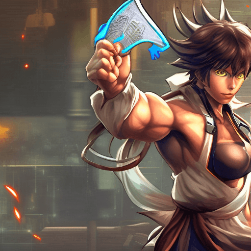 AI generated: hero from a computer fighting game with brown hair weapons in hand 