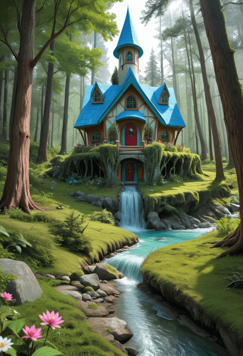 AI generated: Fairy house,forest,stream,magical landscape,brilliant vibrant colors,highres,realistic