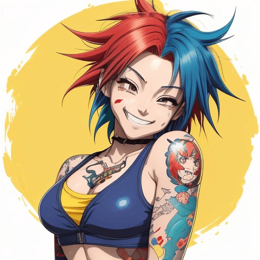 AI generated: Animestyle illustration of a female character with red and blue hair, wearing colorful tattoos on he...