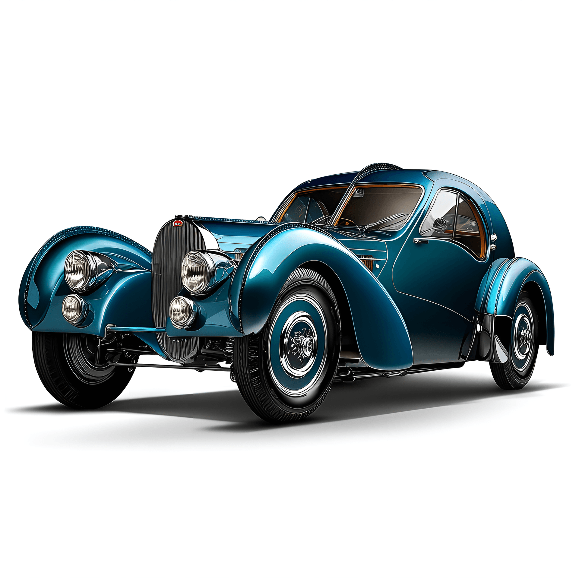 AI generated: classic 1938 Bugatti Type 57SC Atlantic, illustrated in a detailed clipart style, showcasing
its sw...