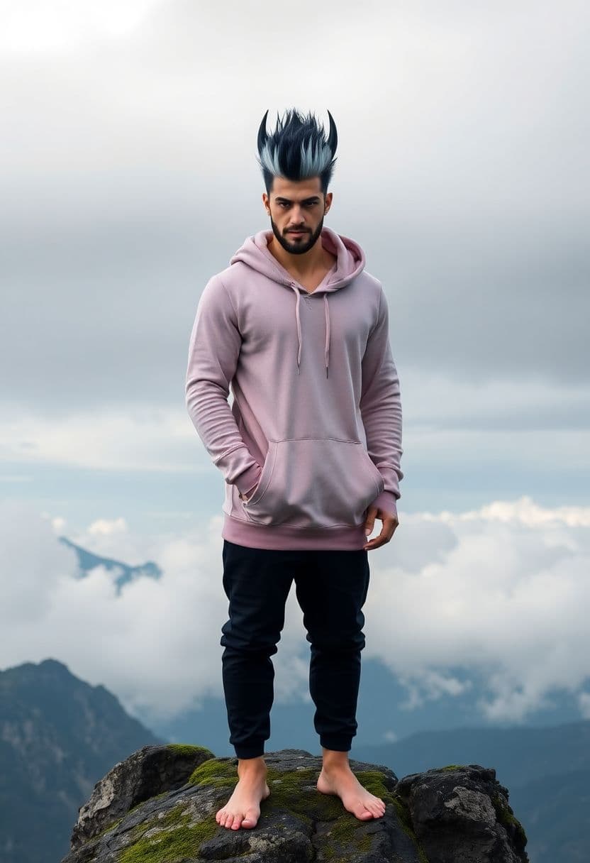 AI generated: A tall muscular but lean man with hair in the style of a Mohawk Mullet and colored black at the base...