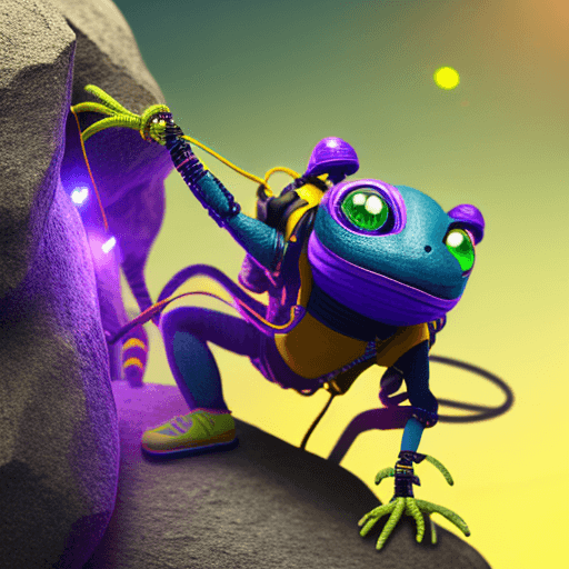 AI generated: High-resolution picture of a cyber geko climbing a boulder. The geko has wires coming out of its bod...