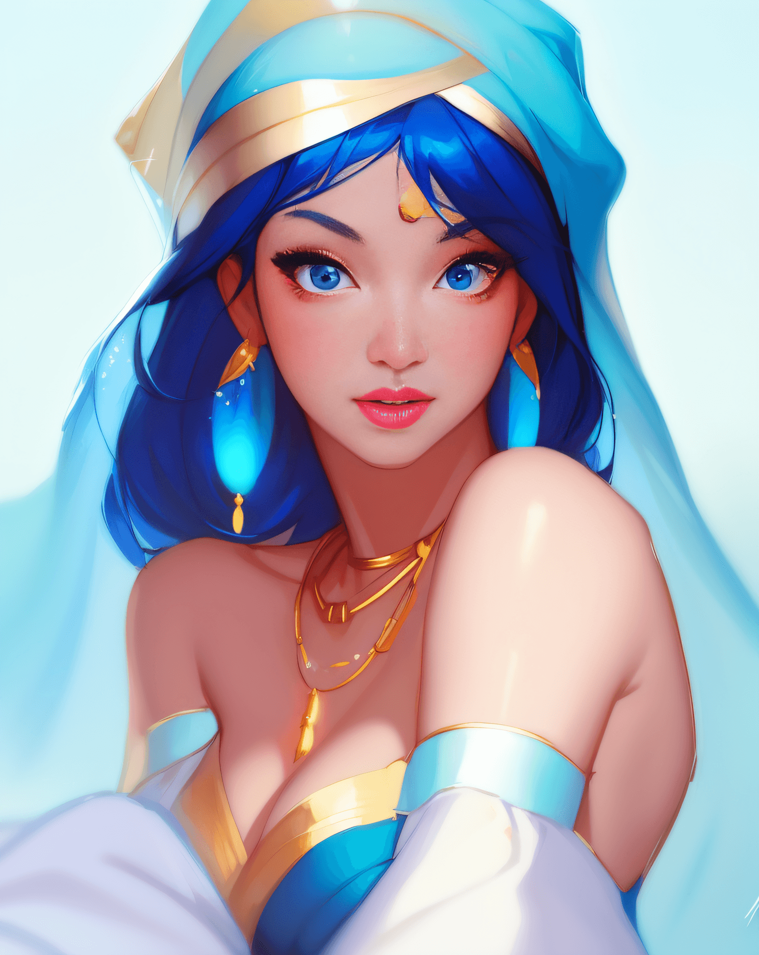 AI generated: a close up of a woman in a blue dress with a gold necklace, beautiful character painting, art of wlo...