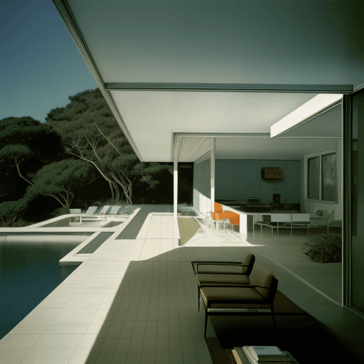 AI generated: Hyper realistic eye level exterior photo of a mid century modern style house overlooking the ocean, ...