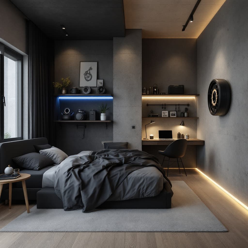 AI generated: Create a modern urban-style bedroom for a 25-year-old biker. Size 8x5 meters. Features a mix of conc...