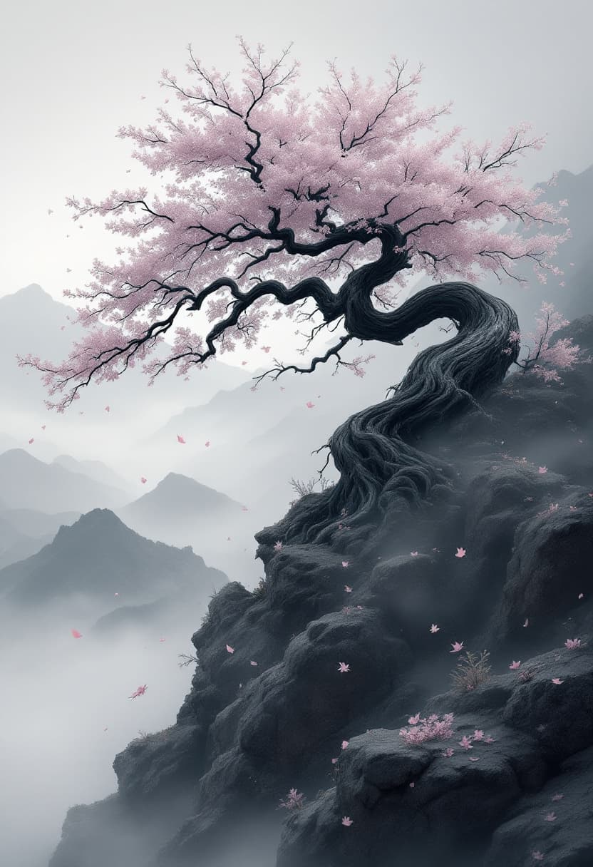 AI generated: A cinematic grayscale ink-style scene of a twisted sakura tree on a rocky hilltop, surrounded by lay...