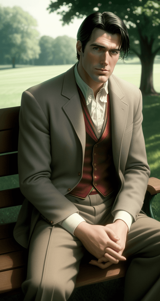 AI generated: Countryside gentleman superman shot by sofia coppola, staring at camera, sitting on a bench::Cinemat...