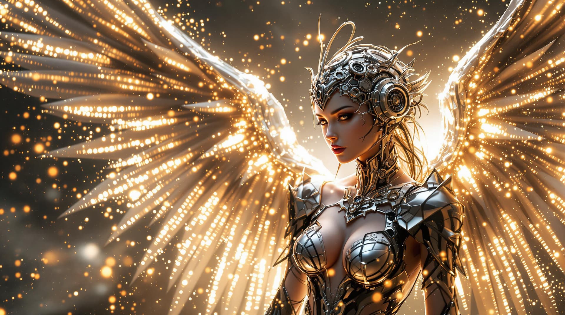 AI generated:  futuristic archangel characters, adorned with intricate, hyper-realistic, perfectly symmetrical win...