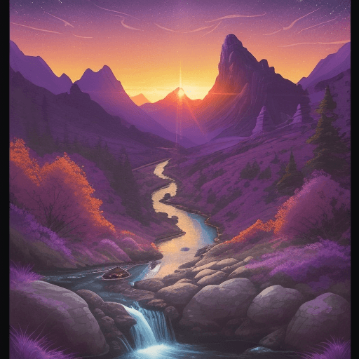 AI generated: Illustration of star wars rise of skywalker poster, A serene mountain stream, sunset . L-cut, purple...