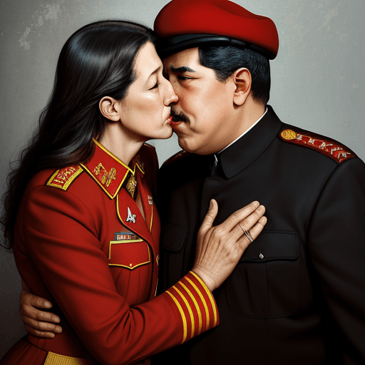 AI generated: NicolasMaduro is kissing Hugo Chavez, military suit, by Annie Leibovitz