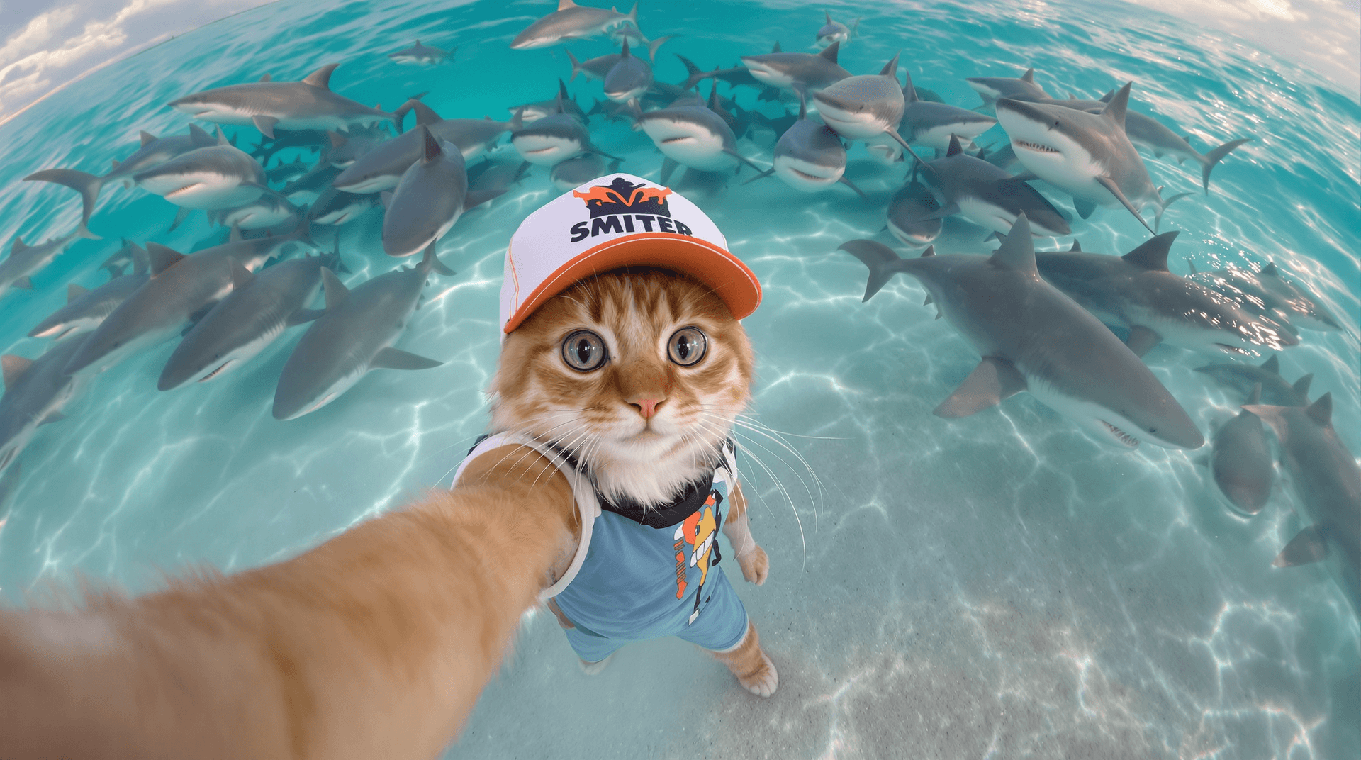 AI generated:  On a very beautiful exotic beach in Maldives, there are many scary sharks looking out of the water....
