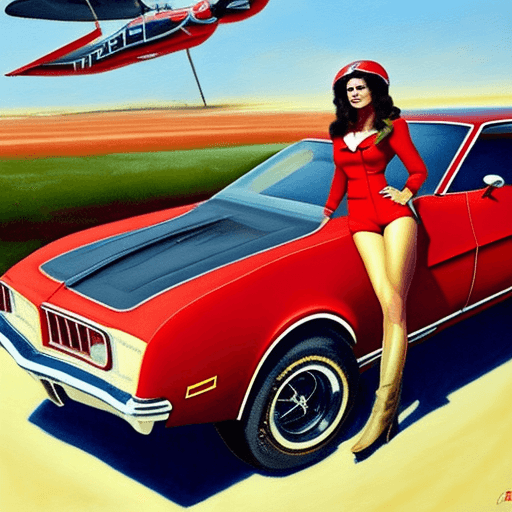 AI generated: an oil painting of a Busty Brunette in aircraft red suit , standing solid on long legs, back to the ...