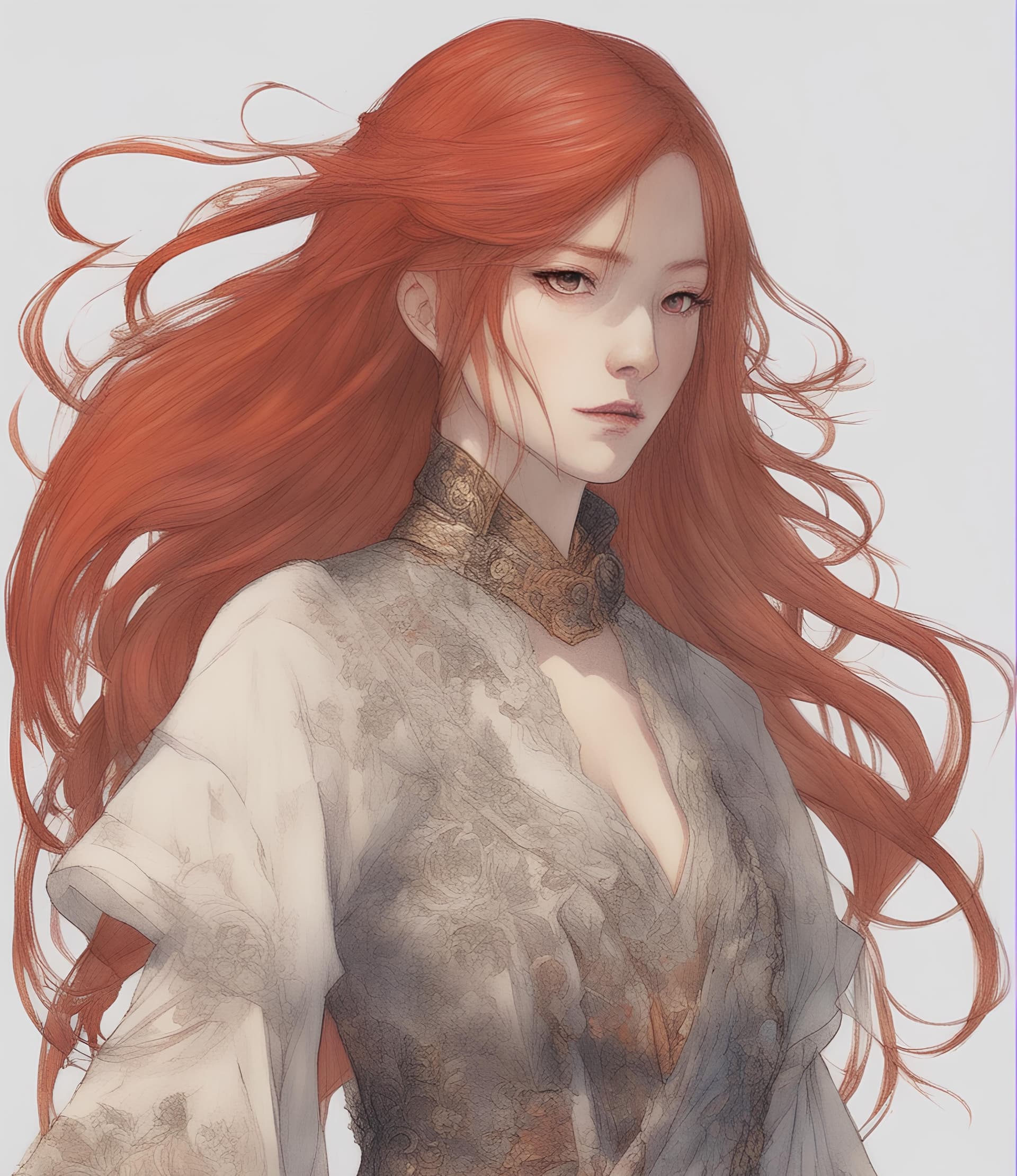 AI generated: a drawing of a woman with long red hair, concept art, by Chen Jiru, large flames, akihiko yoshida. n...