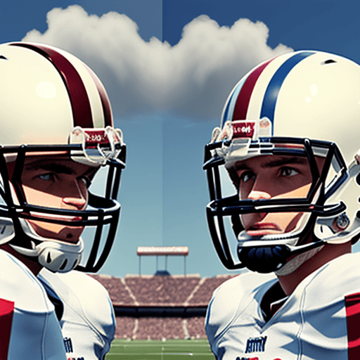 AI generated: panoramic image of a team oAmerican football players, wearing white helmets, looking straight into t...