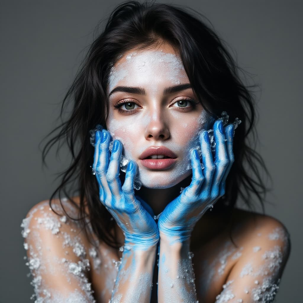 AI generated: A portrait of an attractive woman with white paint on her face and neck, blue hands made from ice co...