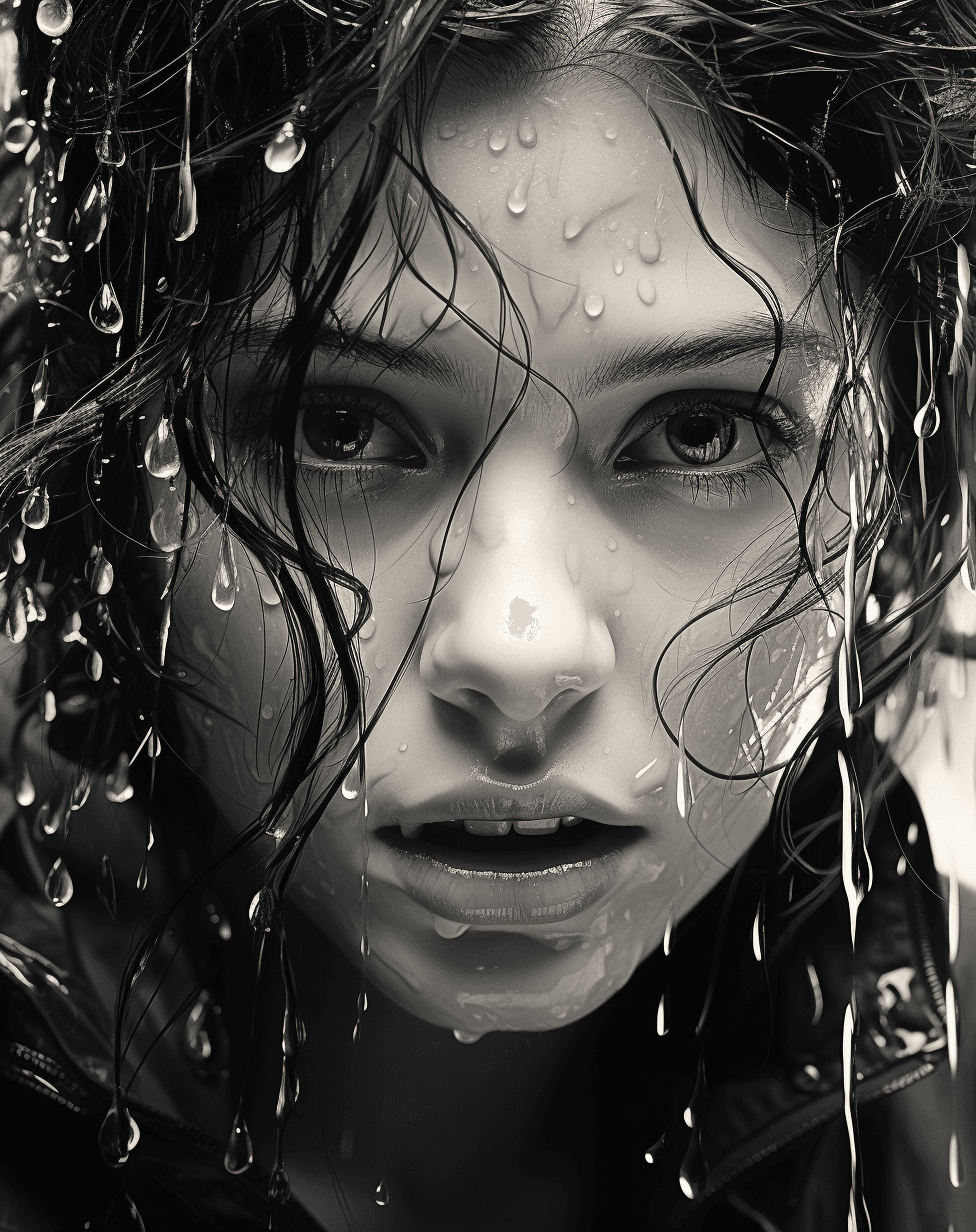 AI generated: woman face with water drops in pictures of girl from the sea, in the style of black and white master...