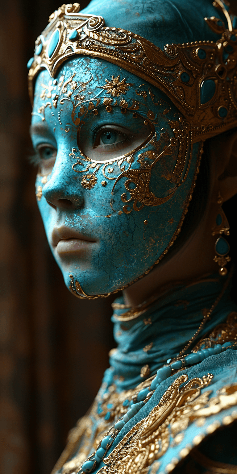 AI generated: a woman wearing an elaborate mask around her face, in the style of vray tracing, cloisonnism, turquo...
