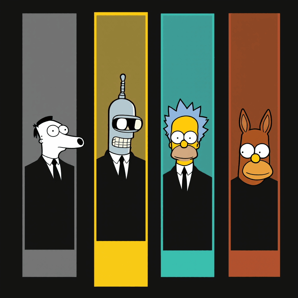 AI generated: Cartoon illustration of Roger from American Dad, Bender from Futurama, Homer Simpson from The Simpso...