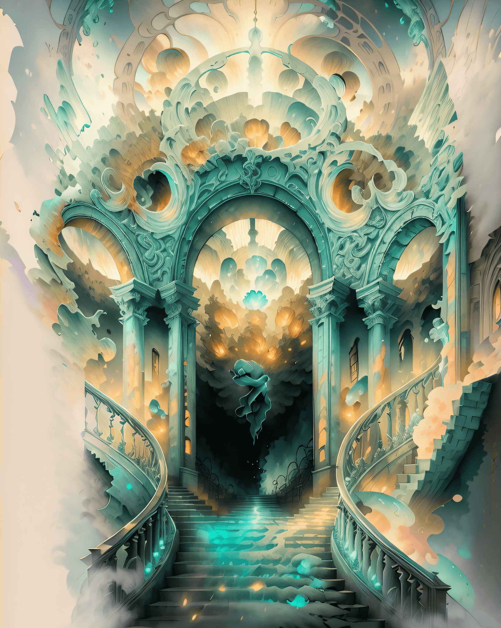 AI generated: there is a staircase leading to a castle with a sky background, dreamy atmosphere and drama, baroque...