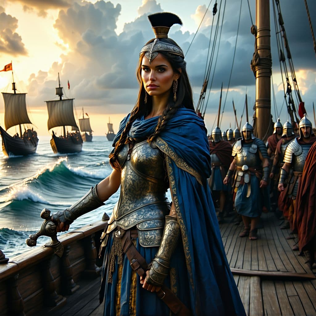 AI generated: Prompt: A powerful and determined Queen Teuta of Illyria stands at the prow of her warship, sailing ...