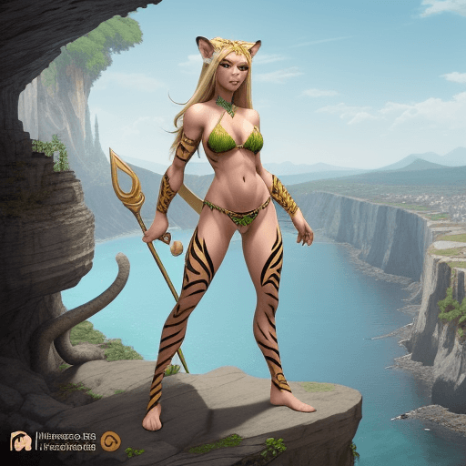 AI generated: /imagine prompt: An elven tiger in a platemail bikini | Fierce pose | Standing on a cliff ledge over...