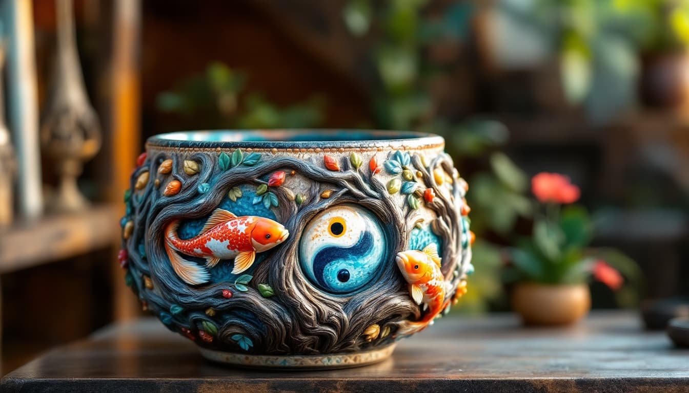 AI generated: 3D HDR Ceramic pottery planter box featuring on the side as a relief a magical whimsical fey tree wi...