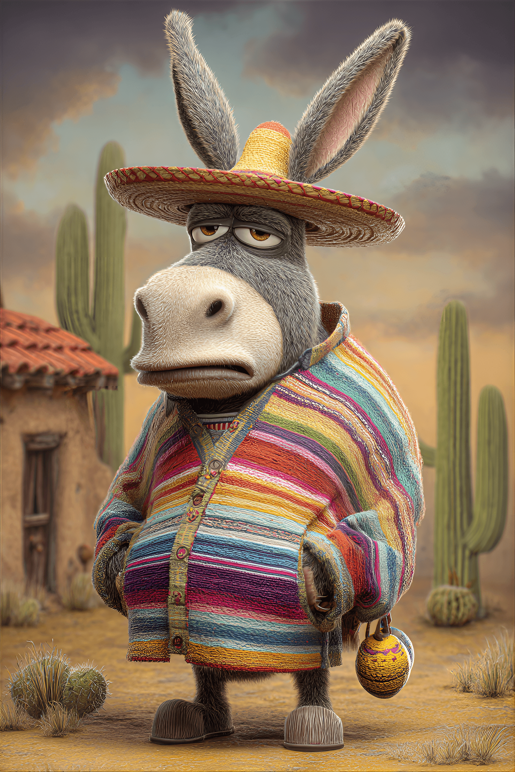 AI generated: funny caricature, goofy donkey character, mexican ethnicity, 7 years old, lazy, friendly, stubborn, ...