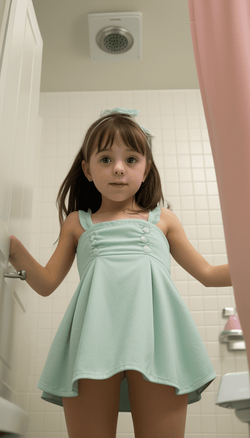 AI generated: little girl bathroom The camera shot from below. minidress open legs