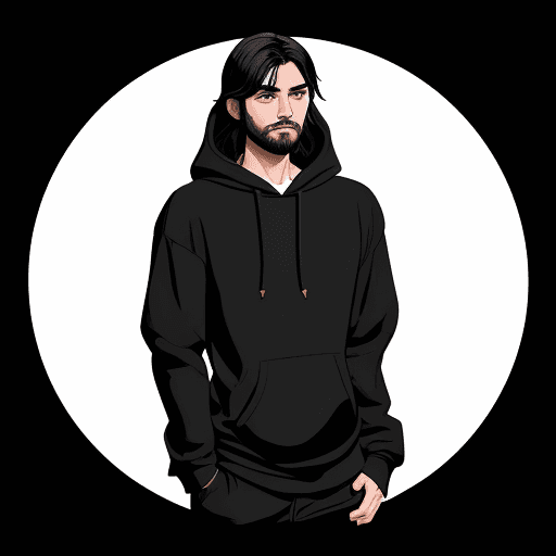 AI generated: Create 1 male character, solo, wearing Hoodie, small short beard, long straight black hair,  simple,...